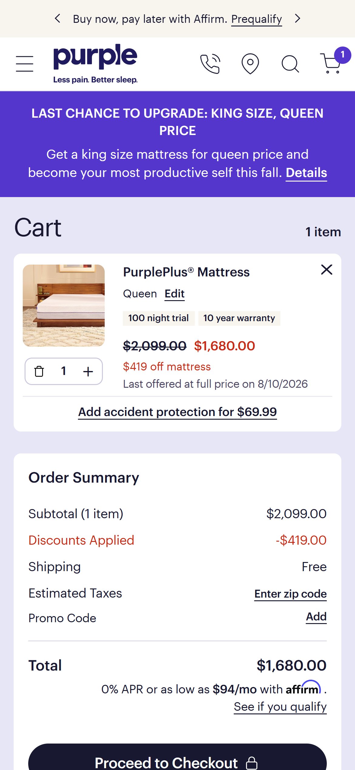 Purple — Promo Code entry inside the cart order summary