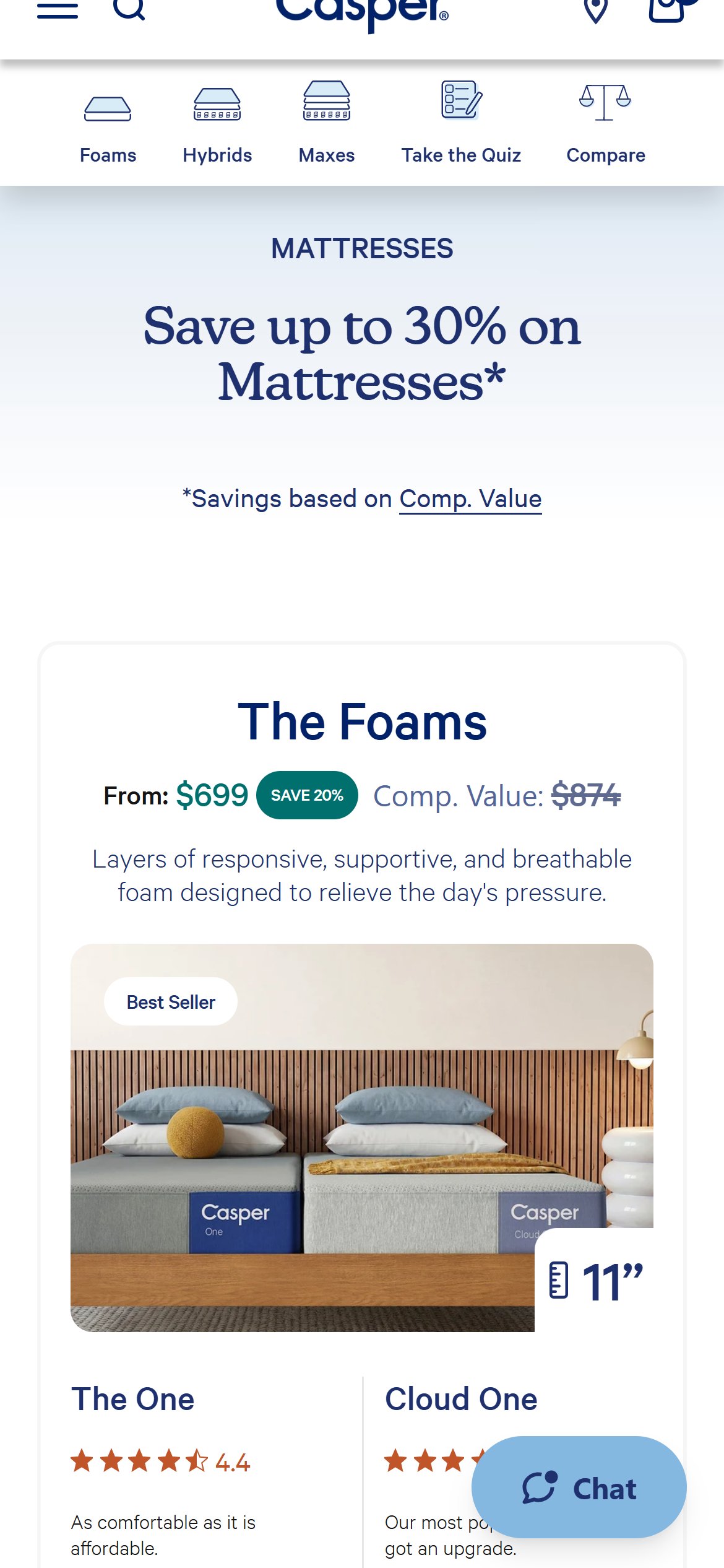 Casper — category nav (Foams / Hybrids / Maxes / Quiz / Compare) plus a merchandised collection card that keeps browsing going