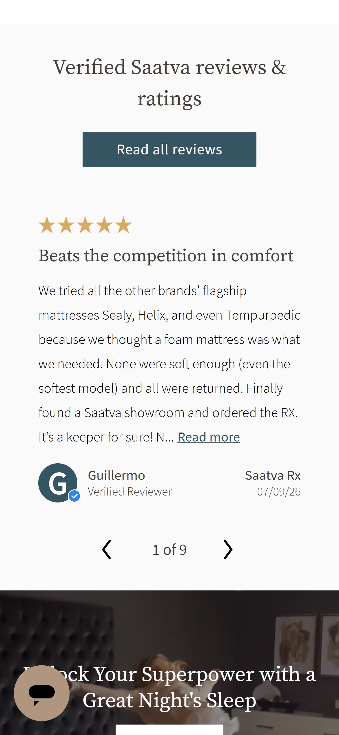 Saatva — verified customer reviews carousel on the homepage