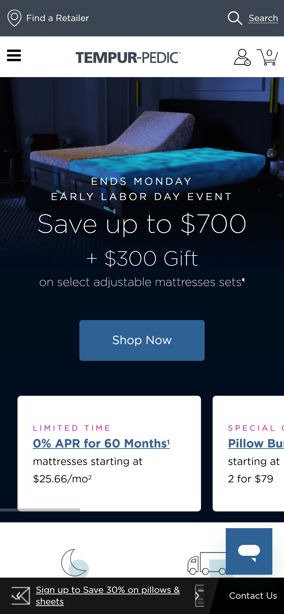 Tempur-Pedic — a scrolling offer row rotates several promotions in the opening screens