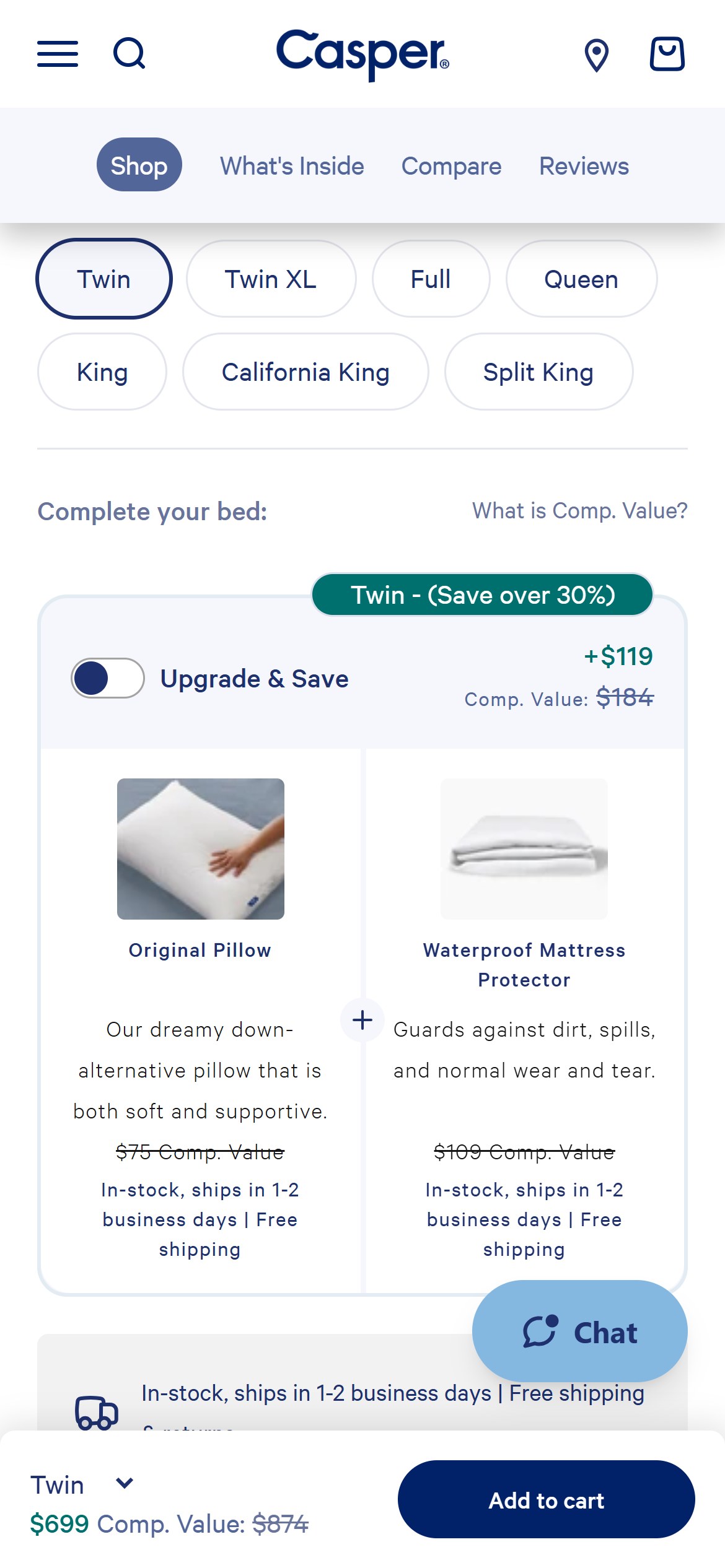 Casper — header stays pinned (with section tabs) as the product page scrolls