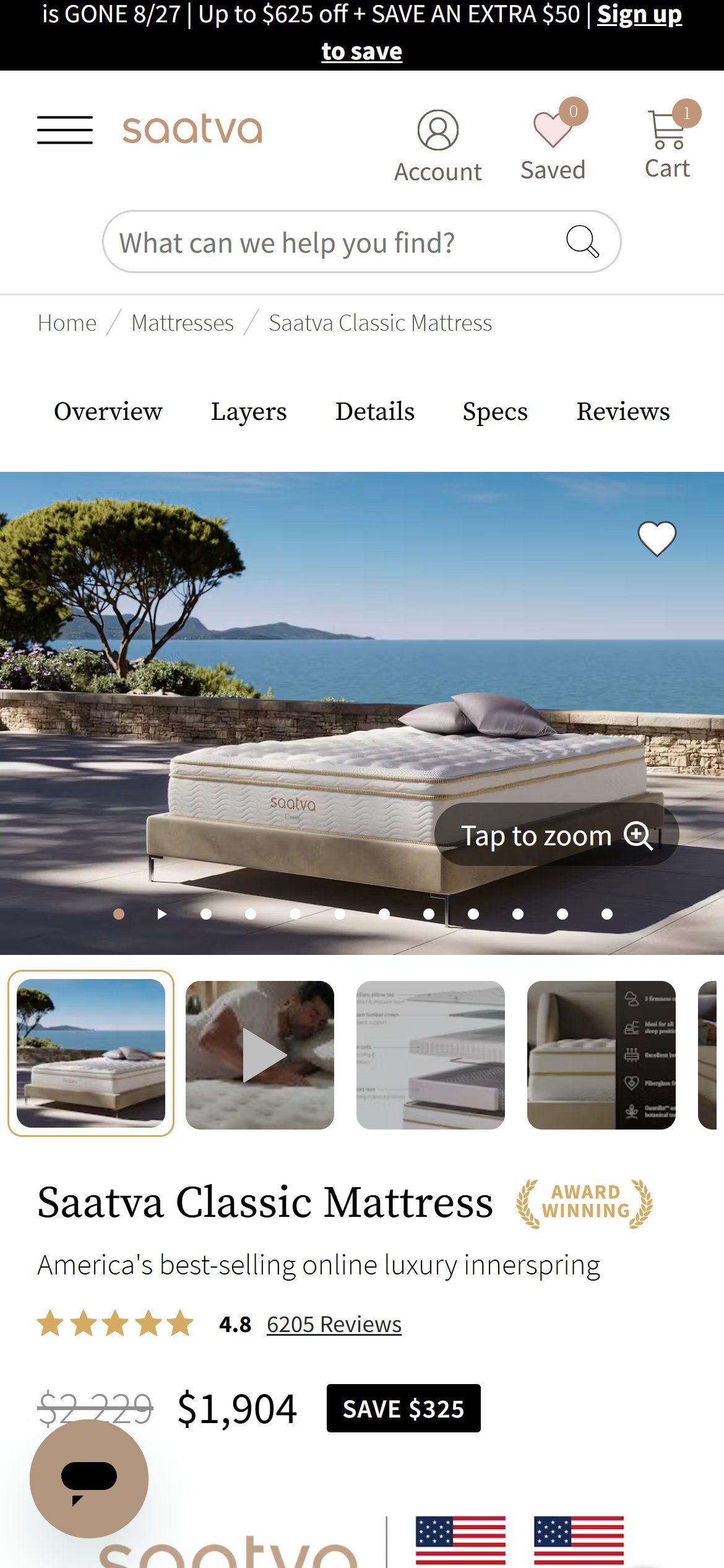 Saatva — section tabs (Overview / Layers / Details / Specs / Reviews) under the header