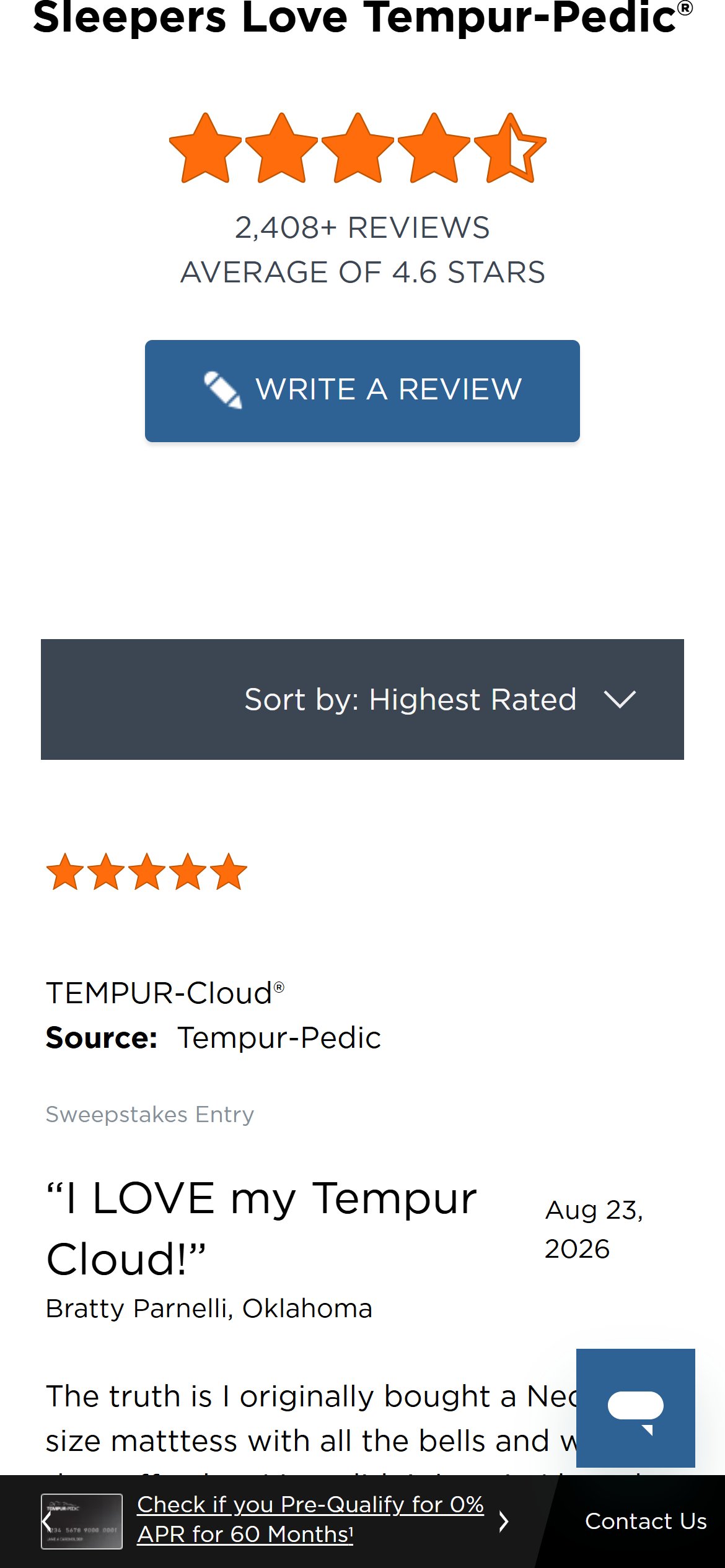 Tempur-Pedic — a single product-specific review block on the product page
